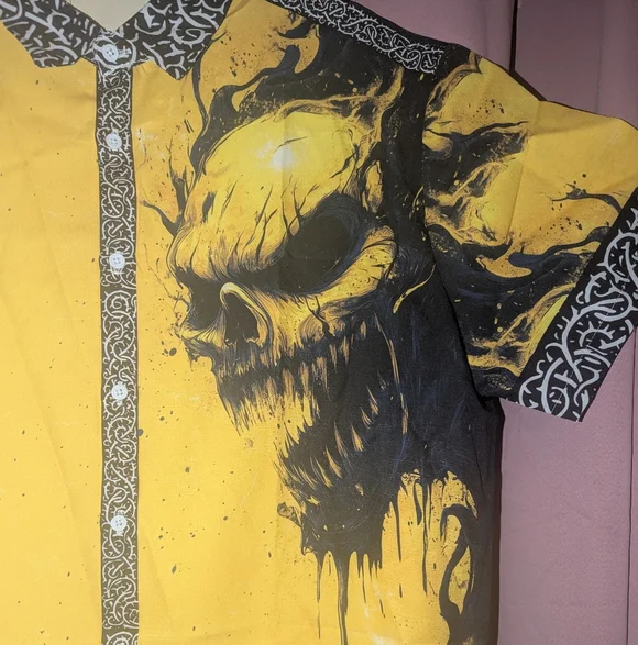 Bold Yellow Graphic Button Down Shirt Fits Like XL - Picture 4 of 10